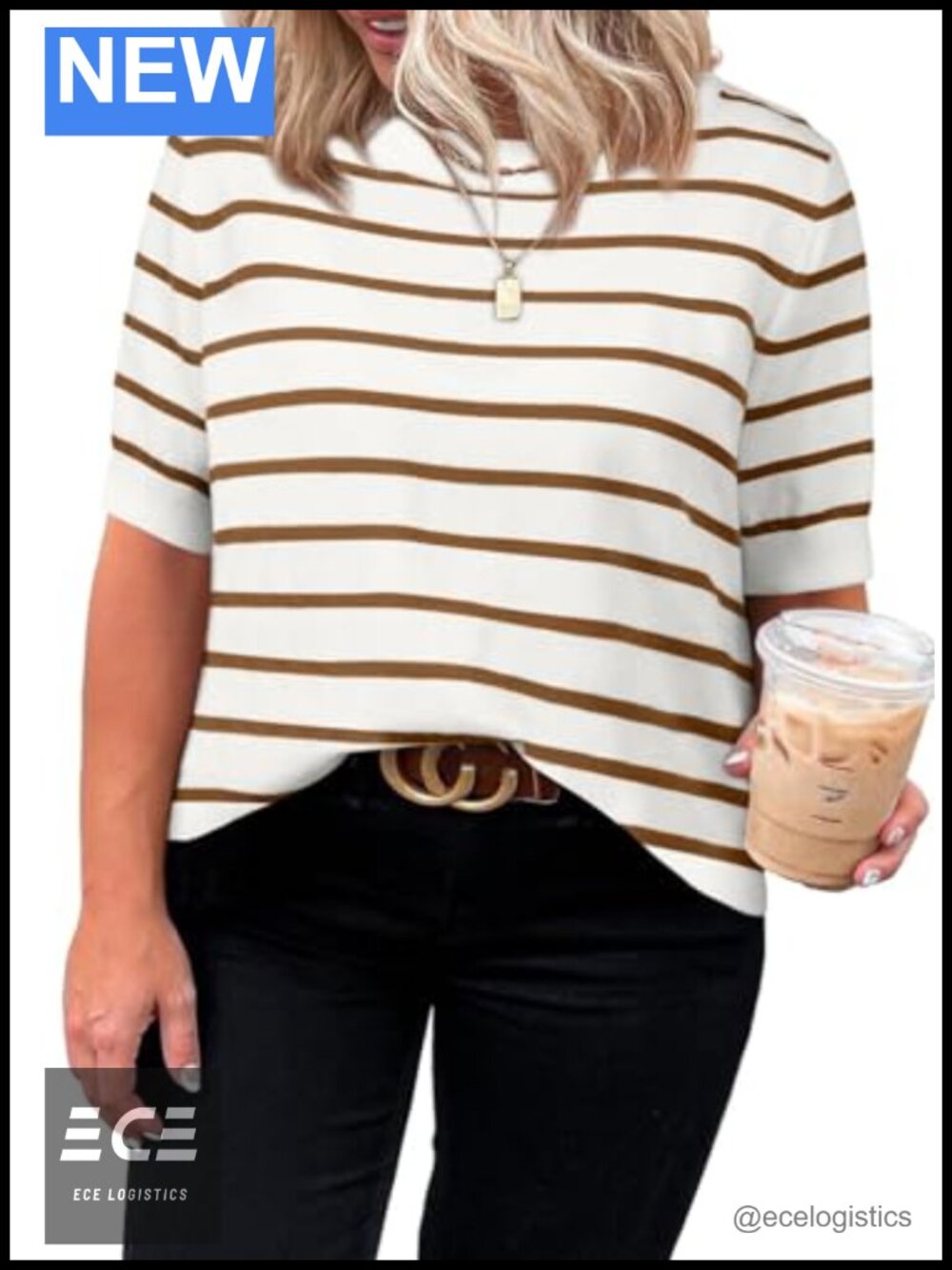 Plus Size Short Sleeve Striped Sweater Top Crewneck Knit Summer Blouse